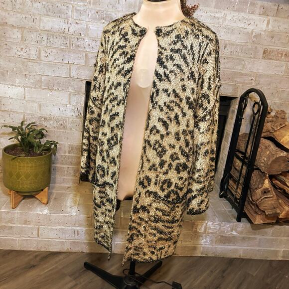 Democracy Open Front Animal Print Cardigan Size Large Bell Sleeves Pockets - Picture 2 of 10